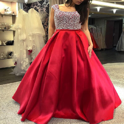 

Backless Square Neck Sequins Solid Cami Full-length Flare Evening Dress