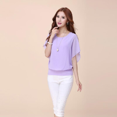 

New Fashion Women T-Shirt Chiffon Overlay Round Neck Short Batwing Sleeve Causal Tee Tops Blouse