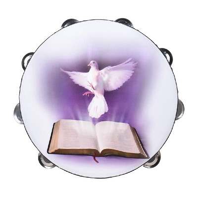

10" Double Row Jingle Tambourine Handbell Clap Drum Percussion Instrument with Dove & Bible Pattern for Church