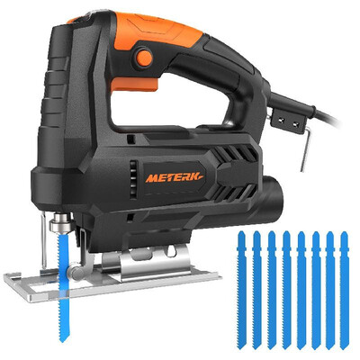 

Meterk Electric Jig Saw 35A Multi-functional Cutter with 4pcs Wood Saw Blade 4pcs HSS Steel Saw Blades