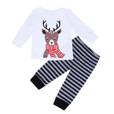 

2pcs Baby Christmas Clothes Set Long Sleeve Elk Print T-shirtStriped Pants