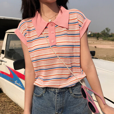 

Fashion T Shirt Women Summer Casual Striped Tops New Women Short Sleeve Lapel All-match T-shirts Female Clothes