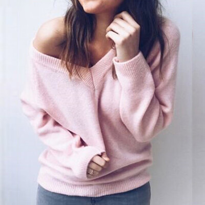 

Womens Long Sleeve V Neck Loose Knitted Sweater Ladies Casual Pure Jumper Tops