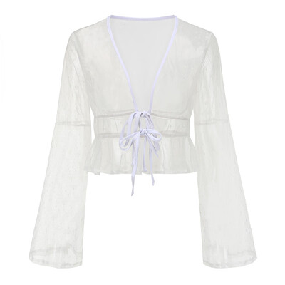 

New Women Kimono Cardigan Solid Sheer Mesh Hollow Out Boho Loose Outerwear Beachwear Bikini Cover Up White
