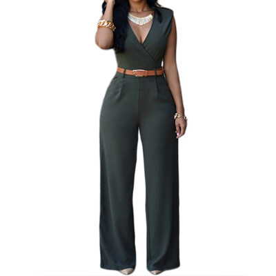 

new high waist v collar sleeveless jumpsuits trouser cotton bodysuit casual playsuits bandage belt Jumpsuit female body feminino