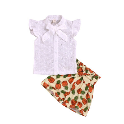 

Single-breasted Summer Baby Girl Cute Short Sleeve Embroidered Top And Pineapple Printing Pants Kit Kid Two-piece Outfit Sets