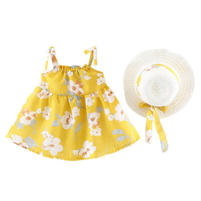 

2018 Fashion Summer Girl Flowers Straw HatBow Strap Princess Dress Children Dress Girls Clothes Set 1-4T L1