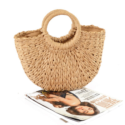 

Summer Handmade Bags Women Pompon Beach Weaving Ladies Straw Bag Wrapped Beach Bag Moon Shaped Bag Drawstring Handbag
