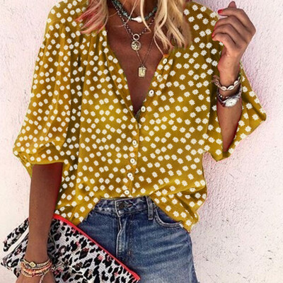 

Womens Blouse Summer Loose Casual Dot Shirt Half Sleeve Polka Tops Beach OL Lady Plus Size Autumn V-Neck Top