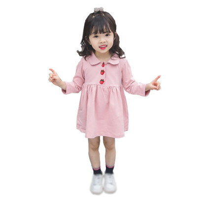 

Baby Girls Solid Print Long Sleeve Strawberry Button Design Dress Autumn Casual Kids Toddler Sundress