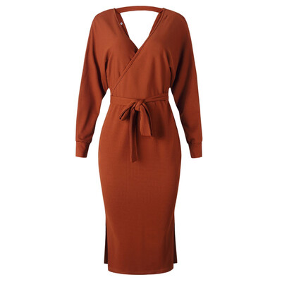 

Women Sexy V Neck Side Split Bandage Dress Autumn New Fashion Slim High Waist Winter Dress Casual Solid Elegant Ladies Dress