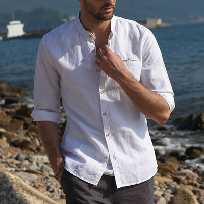 

Toponeto Mens Baggy Cotton Linen Solid Three Quarter Button Pocket Retro Shirts Tops