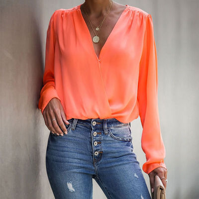 

Autumn Women Shirts Office Lady Blouses Long Sleeve V-Neck Ruched Solid Chiffon Blouse Tops V-Neck Wild Blusas