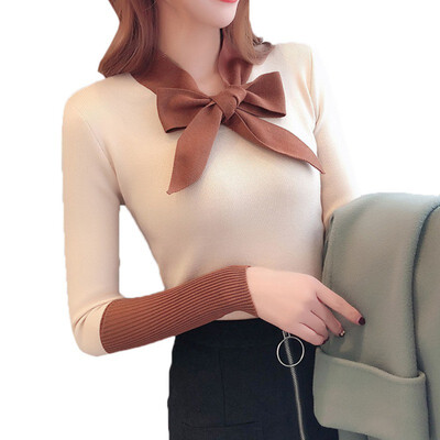 

Sweet Sweater Women Autumn New Bow Decoration Casual Sweater V Neck Long Sleeve Stitching Design Knitted Pullover Sweater