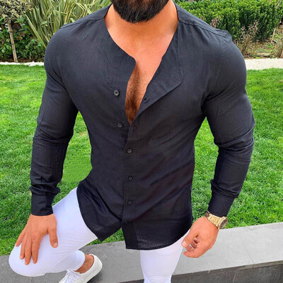 

Men Long Sleeve Shirt Casual Lapel Button Front Slim Fit T-shirt Tops Size -3XL