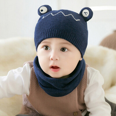 

Korean version of autumn&winter new baby childrens hat cartoon frog knitted cotton hat neck set