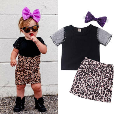 

3PCS Newborn Baby Kids Girls Tops T-Shirts Leopard Skirts Outfits Set Clothes US