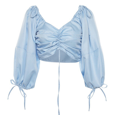 

Women Sexy Backless V-Neck Summer Lantern Long Sleeve Drawstring Blouses Shirts Women Casual Loose Blouse Tops
