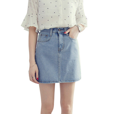 

Summer High Waist Skirts Womens Pockets Button Jeans Skirt Female Korean Fashion Solid Casual A-Line Denim Skirt