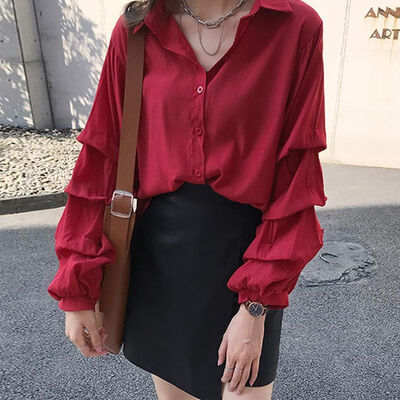 

Women Spring Autumn Blouse Tops Fashion Puff Long Sleeve V-Neck Blouse Women Solid Casual Loose Korean Shirts