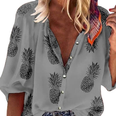 

Blouse Women Autumn Loose Pineapple Print Half Sleeves V-neck Button Ladies Shirt Elegant Casual Fashion Shirt
