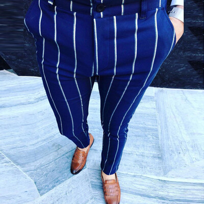 

Gobestart Fashion Men Casual Business Slim Fit Striped Print Zipper Long Pants Trousers