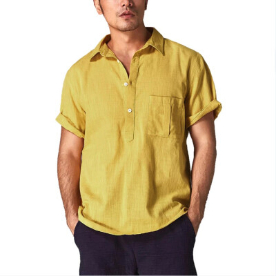 

2019 New Summer Fashion Men Casual Shirts Short Sleeve Solid Color Single-Breasted Lapel Collar Cotton And Linen Tops