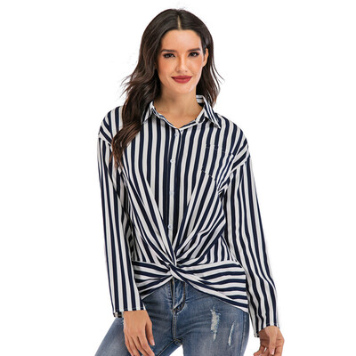 

Gobestart Women Sexy Stripe Print Long Sleeve T-Shirt Loose Bandage With Pocket Top