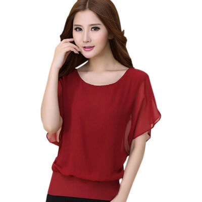 

Womens Tops Fashion 2017 Women Summer Chiffon Blouse Plus Size Ruffle Batwing Short Sleeve Casual Blouse Black White Red Blue