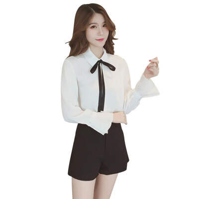 

Fashion Female Flare Long Sleeve Blouse Office Ladies Elegant Women Bow Tie Blouses Solid Color Korean Casual Shirt Blusas