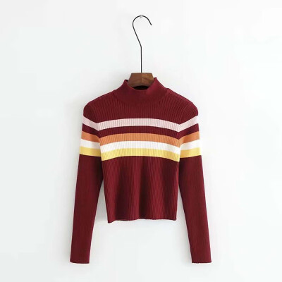 

Women Fashion Sweet Colorful Striped Sweater Autumn Winter Turtleneck Knit Bottoming Top Long Sleeve Sweaters