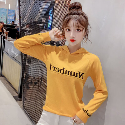 

Women Hooded Autumn Simple Long Sleeve Letter Print Loose Hooded Sweet Solid Color New Hooded Pullover Hooded Tops