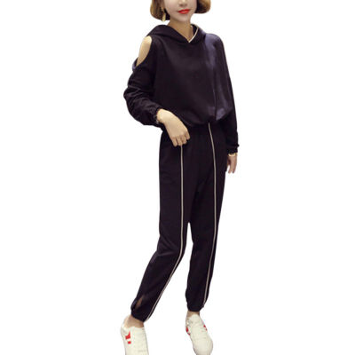 

Women Casual 2 Pieces Athletic Off Shoulder Hooded Long Sleeve Pullover Long Pant Sportswear Sweatpants Women Set Autumn