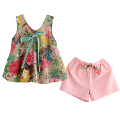 

Children Girls Summer Floral Printed Sleeveless Baby Vest Tops Shorts Sets For Girls Kids Outfit Suits 2-8Y S2