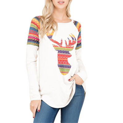 

Fashion Elk Print Women Casual T Shirt Girl 2018 Long Sleeve Tee Tshirt Loose Top T-Shirt