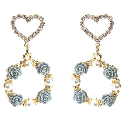 

1 Pair New Arrival Rhinestone Love Heart Rose Flower Drop Pendientes Earrings For Women Elegant Simulated Pearl Cirlce Brincos