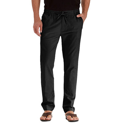

Gobestart Mens Casual Linen Breathable Loose Long Pants Solid Color Straight Trousers