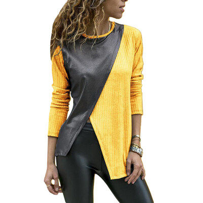 

Fashion Women Faux Leather Patchwork Color Block Irregular Long Sleeve T-Shirt