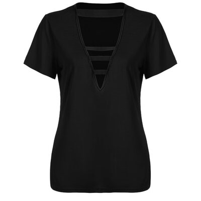 

Plus Size Women Sexy Solid Color Strappy Deep V Short Sleeve T-Shirt Summer Top