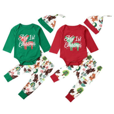 

Newborn Baby Boys Girls My 1st Christmas Romper Tops Pants Hat 3PCS Outfits Set