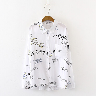 

Fashion Character Printed Blouse Women Graffiti Blouses Streetwear Turn Down Collar Long Sleeve Cotton Loose Shirt
