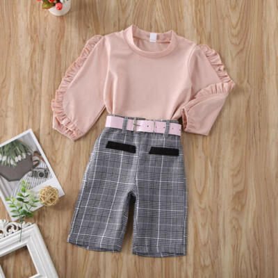 

US Newborn Baby Kids Girl Ruffles Long Sleeve Tops Plaid Nine Pants Belt Clothes