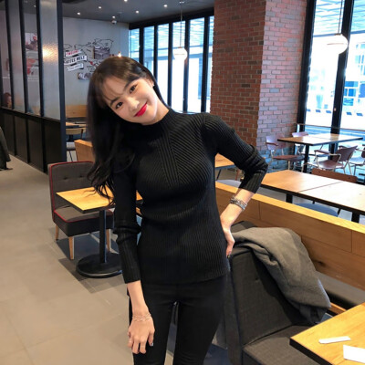 

Women Autumn Winter High Collar Slim Bottom Sweater Tops Solid Color Slim Long-Sleeved Half Fashion Sweater