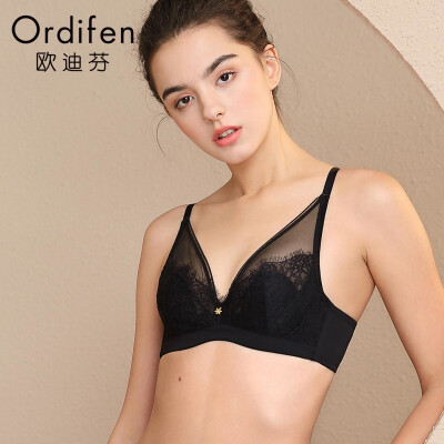 

Ou Difen thin section bra 2019 spring&summer thin section mesh underwear women bra bra lace sexy gathered on the bra XB9302 black C80