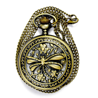 

Dragonfly Hollow Vintage Style Bronze Steampunk Quartz Necklace Pendant Chain Clock Pocket Watch