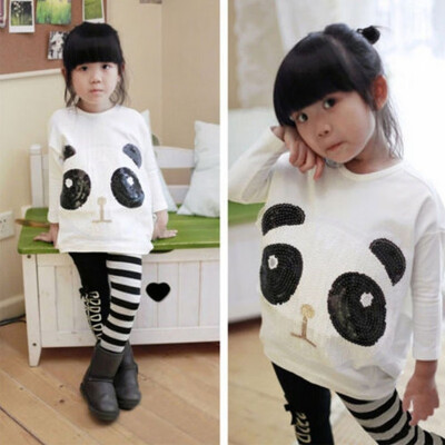 

Kids Baby Girls Outfits Long Sleeve Cute Panda Tops & Striped Bow Pants 2Pcs Sets