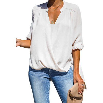 

Women Blouses 2019 Autumn Fashion Long Sleeve Concise Casual Shirt Blouse Solid Color V-collar Loose Sexy Half Sleeve Blouse