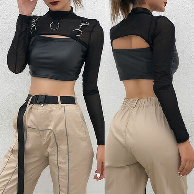 

Women Sheer Mesh Fish Net Long Sleeve Turtle Neck See Crop Top T-Shirt Blouse