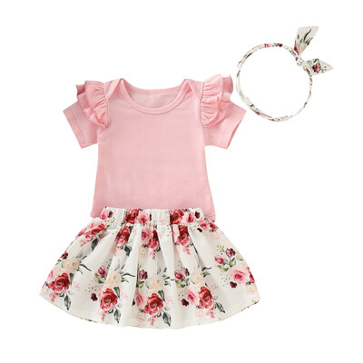 

Summer Baby Girl Clothes 3pcs Clothing Sets Cute Cotton Short Sleeve Romper Tops Floral Short Skirt With Headband Newborn Cloth