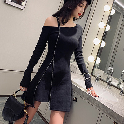 

Women Sexy Off Shoulder Long Sleeve Mini Dress Autumn Solid Color Black Red Bodycon Elegant Chic Night Club Vestidos